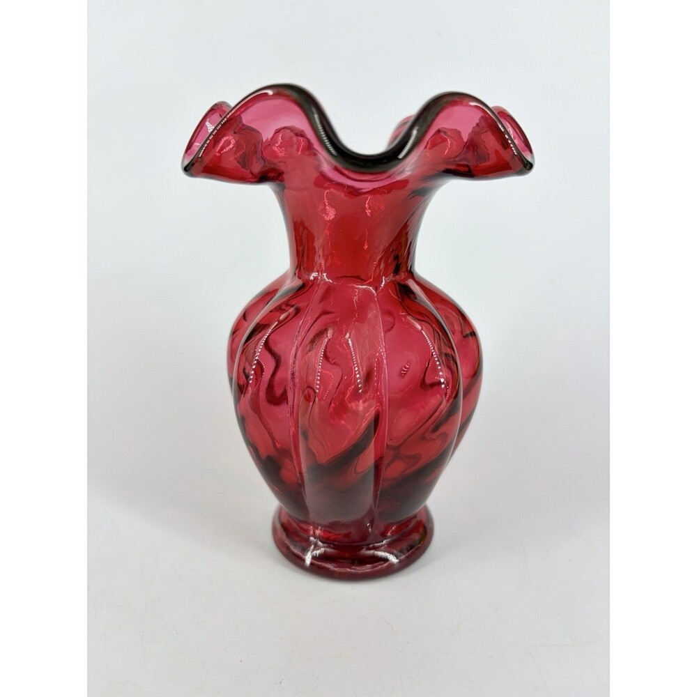 Fenton Ruffled Top Cranberry Pink Blown Glass Vase Swirl Optic